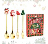 Volumoon Cucharas y Tenedores de Navidad, Juego de 4 Cubiertos de Navidad, Cuchara de Café de Acero Inoxidable, Cucharas de Café Navideñas, con Caja de Embalaje de Regalo (Estilo Navideño-1)