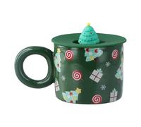 Volumoon Taza de Café Navideña Linda de 400 ml, Cerámica de Papá Noel, con Tapa (Árbol de Navidad)