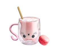 Volumoon Taza de Gato de Doble Pared Con Asa - Leche, Capuchino, Espresso - Transparente Para Mujeres y Amantes de los Gatos - Regalo de Cumpleaños 300ML (Rosa)