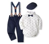 Volunboy Bebé Niño Caballero Conjunto, Cuadros Camisa con Pajarita + Tirantes Pantalones 4 Piezas Traje Ropa(12-18 meses,Barco Blanco,Tamaño 80)