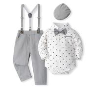Volunboy Bebé Niño Caballero Conjunto, Cuadros Camisa con Pajarita + Tirantes Pantalones 4 Piezas Traje Ropa(9-12 meses,Estrellas Grises,Tamaño 73)