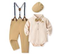 Volunboy Bebé Niño Caballero Conjunto, Cuadros Camisa con Pajarita + Tirantes Pantalones 4 Piezas Traje Ropa(12-18 meses,Tamaño 80,Caqui)