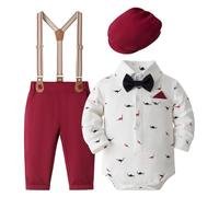 Volunboy Bebé Niño Caballero Conjunto, Cuadros Camisa con Pajarita + Tirantes Pantalones 5 Piezas Traje Ropa(3-6 meses,Tamaño 59,Dinosaurio Rojo)