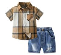Volunboy Bebé Niño Verano Conjunto, Cuadros Camisa de Manga Corta + Jeans Shorts Traje Casual Ropa 2 Piezas(Vaqueros Caqui,4-5 años,Tamaño 120)