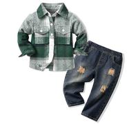 Volunboy Bebés Niño Ropa Conjuntos Cuadros Franela Camisa + Pantalones Vaqueros, Casual Manga Larga Camisas Tops Jeans 2 Piezas(Cuadros Verdes,4-5 años,Tamaño 120)