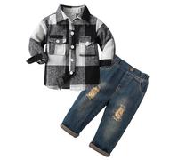 Volunboy Bebés Niño Ropa Conjuntos Cuadros Franela Camisa + Pantalones Vaqueros, Casual Manga Larga Camisas Tops Jeans 2 Piezas(Negro Blanco,4-5 años,Tamaño 120)