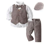 Volunboy Trajes para Bebé Niños de Boda, Bautizo Conjunto de Chaleco, Camisa, Pantalón, Pajarita (18-24 Meses,Marrón,Tamaño 90)