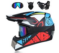 VOMI Casco de Moto Cross Set Adultos Casco de Motocross Hombre Mujer con Gafa Máscara Guante, Casco Downhill de Moto Niño Casco Off-Road para MTB Racing Carretera Quad Bike ATV Go Kart,Red & Blue,L