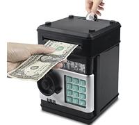 Vommery Hucha para niños de Juguete, Mini Caja Fuerte electrónica para cajero automático Bancos con Bloqueo de contraseña & Desplazamiento automático de Dinero para niños niñas (Negro)