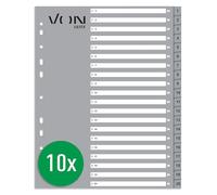 VON 12720085 - Paquete de 10 separadores numerados para carpetas A4 del 1 al 20, polipropileno, extra ancho, índice universal de 11 agujeros para carpetas de archivos y carpetas de anillas, color gris