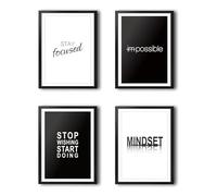 VON STEINEICH® Juego de 4 imágenes de motivación modernas [blanco y negro] - DIN A4 para oficina y hogar - Póster con texto para Hustlers Mindset