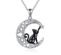 VONALA - Collar de plata de ley 925 con colgante de un gato negro sentado sobre la luna, ideal como regalo de cumpleaños para jóvenes y adolescentes, Plata esterlina, No es una piedra preciosa