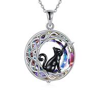 VONALA - Collar de plata de ley 925 con colgante de un gato negro sentado sobre la luna, ideal como regalo de cumpleaños para jóvenes y adolescentes, Plata esterlina