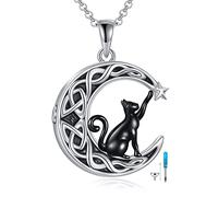 VONALA - Collar de plata de ley 925 con colgante de un gato negro sentado sobre la luna, ideal como regalo de cumpleaños para jóvenes y adolescentes, Plata esterlina, No es una piedra preciosa