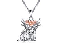 VONALA Collar de plata de ley 925 con diseño de vaca de las Tierras Altas, unicornio, gato negro, ajolote, búho, vaca escocesa, collar con colgante de vaca escocesa, joyería regalo de cumpleaños para