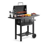VonHaus Barbacoa de Carbón - Barbacoa con Rejilla Calentadora, Altura Ajustable, Termómetro - Portátil, Recogecenizas, Estante, 2 Mesas Laterales Plegables, Ruedas - Carne, Pescado y Verduras