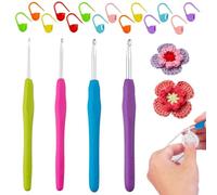 VONJUMA 4 Pcs Agujas Crochet Agujas De Ganchillo Ergonómicas De Metal Con Mango De Silicona Multicolor 14Cm Extralarga Para Principiantes Y Amantes Del Ganchillo 2/3/4/5Mm Con 10 Alfileres