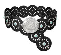 VONMELLI Cinturón de Cuero Occidental para Mujer Concho Vaquera Cinturones de Disco Mujer Ancho Cinturón de Cintura Boho Country para Vestido, Negro (Hebilla Plata), L: 145cm/57 (Misura Della Vita