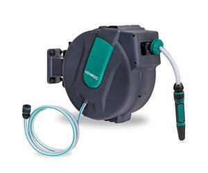 VONROC Carrete de manguera automático - Incluye 25m de manguera de jardín, manguera de conexión, boquilla, acoplamientos y conector de grifo