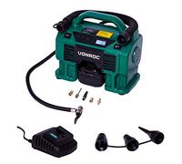 VONROC Compresor de batería 20 V VPower y toma de mechero de 12 V VPower - 11 bar - Batería 4.0 Ah, cargador - 5 adaptadores, 2 anillos de reducción y válvula incluida