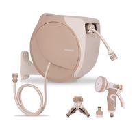 VONROC Enrollador Automático de Manguera, 20 m, Giro 180°, con Pistola 8 Funciones, Conectores Rápidos, Divisor 2 Vías, Montaje en Pared