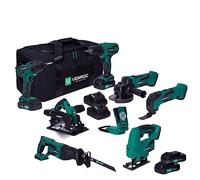 VONROC Juego de herramientas con batería VPower de 20 V. Incluye taladro, sierra de calar, lámpara de trabajo LED, 1 batería de 2,0 Ah, cargador rápido y bolsa (7 herramientas 4 x 2,0 Ah)