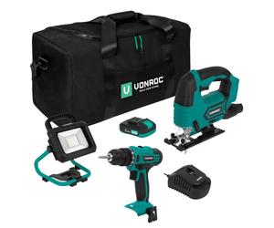 VONROC Juego de herramientas/máquina VPower 20 V - Bolsa de herramientas incluye: taladro inalámbrico, sierra de calar, luz de trabajo, 1 batería de 2,0 Ah y cargador rápido