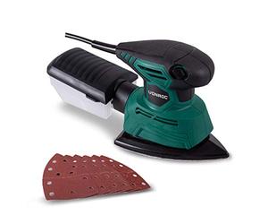 VONROC Lijadora multifunción | Lijadora de mano - Lijadora de detalles de 130W - Con caja para atrapar el polvo y 6 papeles abrasivos