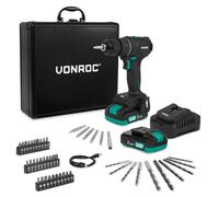 VONROC PRO - Taladro inalámbrico de 20 V - 40 Nm - Motor sin escobillas - 17 ajustes de par + modo taladro - Con 2 baterías de 2,0 Ah, cargador y 46 accesorios en caja de alta gama
