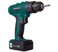 VONROC Taladro inalámbrico de 12V, 1.3Ah - in atería, cargador rápido, puntas de destornillador y bolsa de almacenamiento