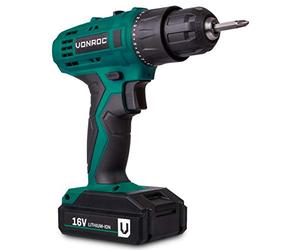 VONROC Taladro inalámbrico de 16V - 1.5Ah - In atería, cargador rápido y 2 brocas de atornillar