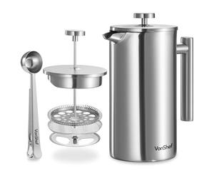 VonShef Cafetera Francesa de 1,5 Litros, 12 Tazas - Cafetera Manual de Acero Inoxidable de Doble Pared con Cuchara Medidora y Clip 2 en 1 - French Press Apta para Lavavajillas
