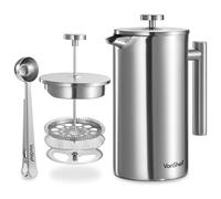 VonShef Cafetera Francesa de 12 Tazas, 1,5 Litros de Acero Inoxidable | Cafetera Manual de Doble Pared con Cuchara Medidora y Clip 2 en 1 - French Press Apta para Lavavajillas