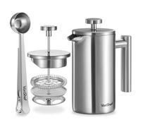 VonShef Cafetera Francesa de 350ml, 3 Tazas - Cafetera Manual de Acero Inoxidable de Doble Pared con Cuchara Medidora y Clip 2 en 1 - French Press Apta para Lavavajillas