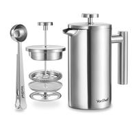 VonShef Cafetera Francesa de 6 Tazas, 800ml Acero Inoxidable | Cafetera Manual de Doble Pared con Cuchara Medidora y Clip 2 en 1 - French Press Apta para Lavavajillas