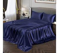 Vonty, Juego de sábanas de satén de tamaño california king, sedosas, suaves, 1 sábana bajera de esquinera profunda + 1 sábana encimera + 2 fundas de almohada, color azul marino