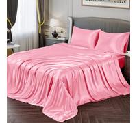 Vonty, Juego de sábanas de satén de tamaño queen, sedosas, suaves, 1 sábana bajera de esquinera profunda + 1 sábana encimera + 2 fundas de almohada, color rosa brillante