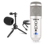 Vonyx CM320S Micrófono cardioide de Estudio USB Plateado con Efecto Echo y Ajuste de Ganancia, Interface de Audio incorporada, Salida de Auriculares, Soporte de Mesa Plegable y para Espuma Vientos