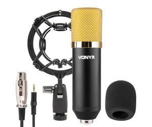 Vonyx CM400 Microfono de Estudio, Gaming, Podcast, Streaming, Youtube, de Condensador. Ideal para Voz o Instrumentos, conexion Mini Jack Incluido, Soporte Anti Vibraciones, Color Negro y Dorado