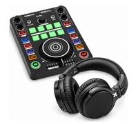 Vonyx Spin100 y HDX50BK - Pack controladora DJ con auriculares, color negro | Controladora DJ de 2 canales con 8 pads, tarjeta de sonido USB-C, auriculares over ear 50 mm, ideal para principiantes en DJ