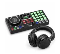 Vonyx Spin120 y HDX50BK - Controladora DJ 16 pads y auriculares color negro | Controladora DJ de 2 canales con 16 pads, tarjeta de sonido USB-C, auriculares over ear 50 mm, ideal para empezar a mezclar