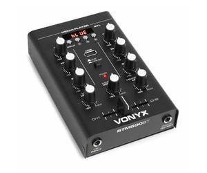Vonyx STM500BT Mezclador 2 canales, Bluetooth, Reproducción de MP3 con USB, Display, entrada de micrófono, salida de auriculares, chasis de metal resistente, color negro
