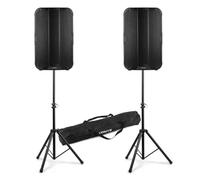 Vonyx VD715A + LS01K - Pack 2 Altavoces Activos con Soportes Color Negro | Pack con 2 altavoces activos de 900W y 2 soportes ajustables de 30kg cada uno con bolsa transporte incluida, ideal para DJs