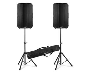 Vonyx VD715A + LS01K - Pack 2 Altavoces Activos con Soportes Color Negro | Pack con 2 altavoces activos de 900W y 2 soportes ajustables de 30kg cada uno con bolsa transporte incluida, ideal para DJs