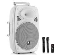 Vonyx Verve46 Altavoz Grande con Bateria, Altavoz autoamplificado portatil, Altavoz Bluetooth con microfono Karaoke, USB, SD, MP3, AUX, 2 microfonos UHF, Mando Distancia, Subwoofer 15" 1000W, Blanco
