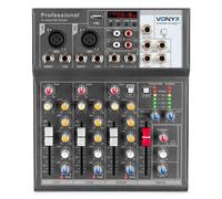 Vonyx VMM-F401 - Mesa de mezclas de 4 canales con USB y phantom +48V | Mezclador de 4 canales con reproductor USB, entrada auxiliar AUX-IN y alimentación phantom, para grabar en casa