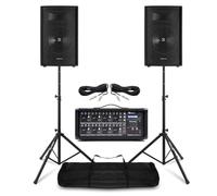 Vonyx VPS082A - Sistema de Sonido PA 800W con Mezclador Amplificado de 8 Canales, Bluetooth, Altavoces pasivos de 8” y trípodes incluidos, Ideal para músicos, DJs y presentaciones en Directo