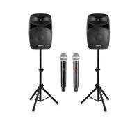 Vonyx VPS152A + WM552 - Altavoz portatil bluetooth potente 1000W con 2 altavoces 15", USB, trípodes y 2 microfonos inalambricos, equipo de sonido profesional para eventos DJ y karaoke, color negro