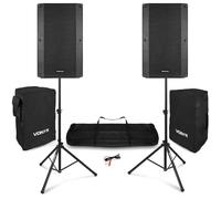 Vonyx VSA15 Sistema PA con 2 Altavoces Activos Bluetooth 15" | Soportes y fundas incluidos, reproductor USB, entrada para micrófono y guitarra, montaje rápido