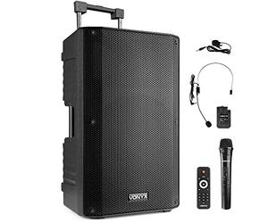 Vonyx VSA500-BP - Altavoz Bluetooth Grande Potente 12" 800W con micrófono inalámbrico de Mano y petaca UHF con micrófono de Diadema y Solapa, batería Recargable, USB, SD, Radio FM - Color Negro